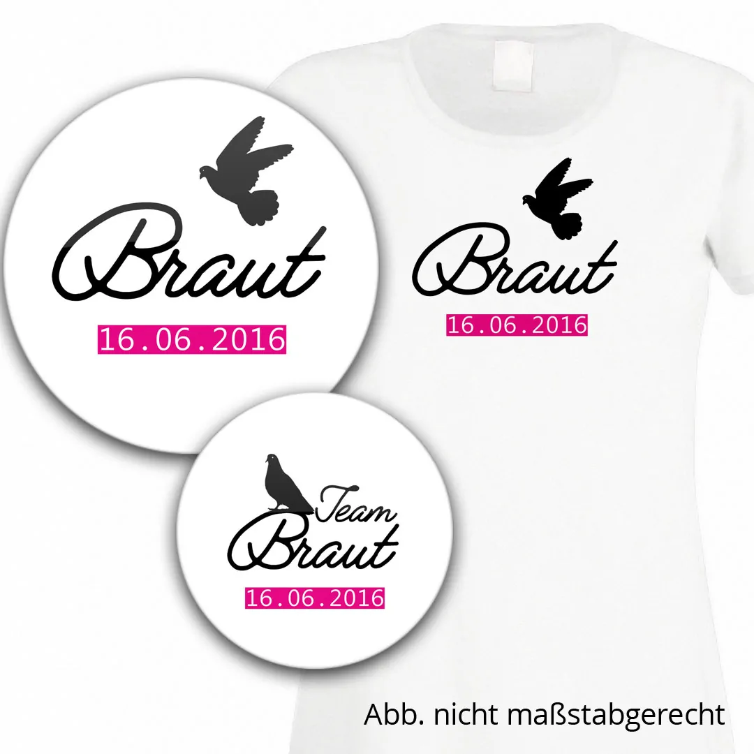 JGA Set aus T-Shirt und Buttons Modell Nr. 6 mit Datum und Taube