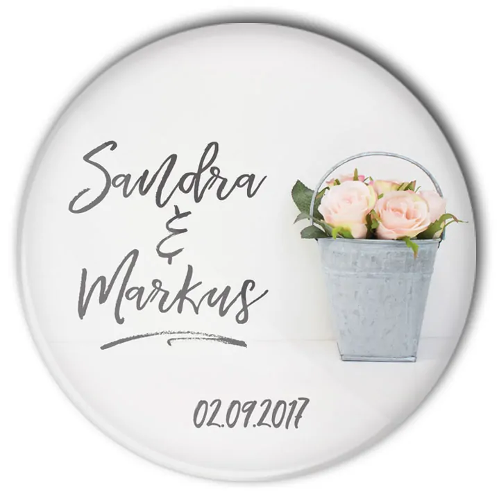 Hochzeit Button Mod. 37: Rosen in Zinkeimer mit Namensaufdruck
