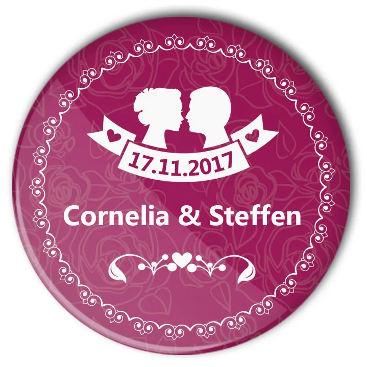 Hochzeits-Buttons Nr. 47 mit Brautpaar Silhouette, Datum und Name