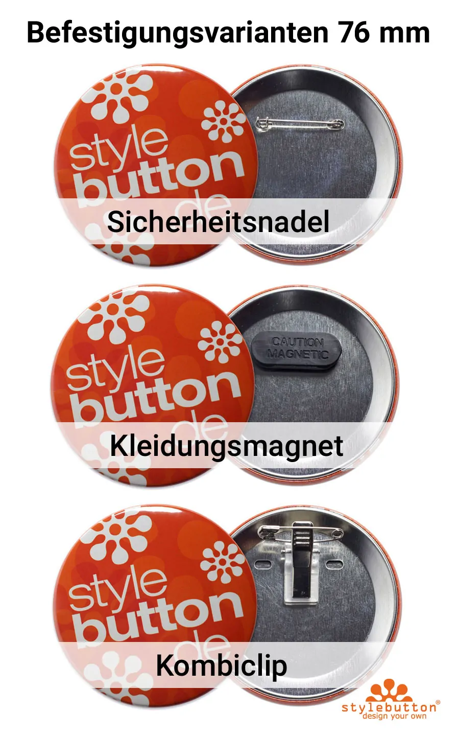 Befestigungsmöglichkeiten von Hochzeitsbuttons mit 76 mm Durchmesser