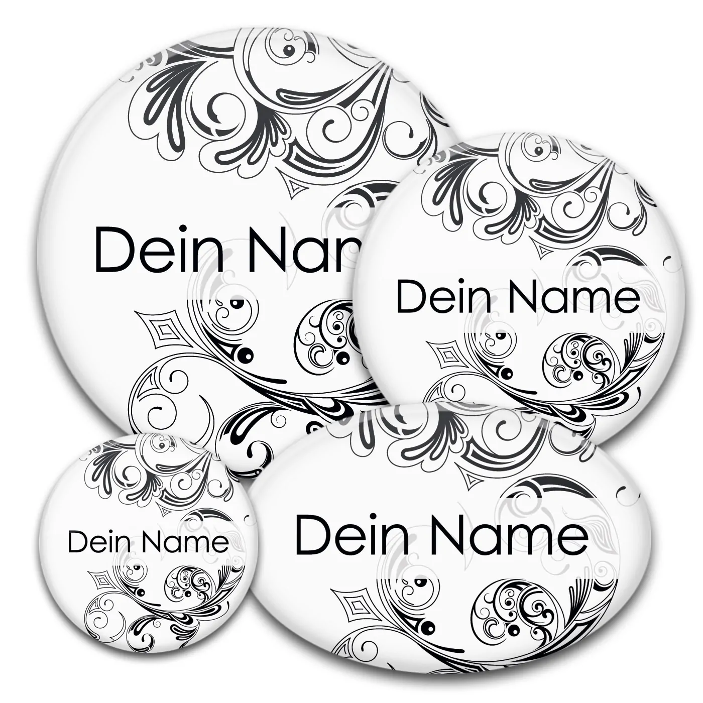 Namens-Button black-and-white in diversen Größen und Formen bedruckt bestellen