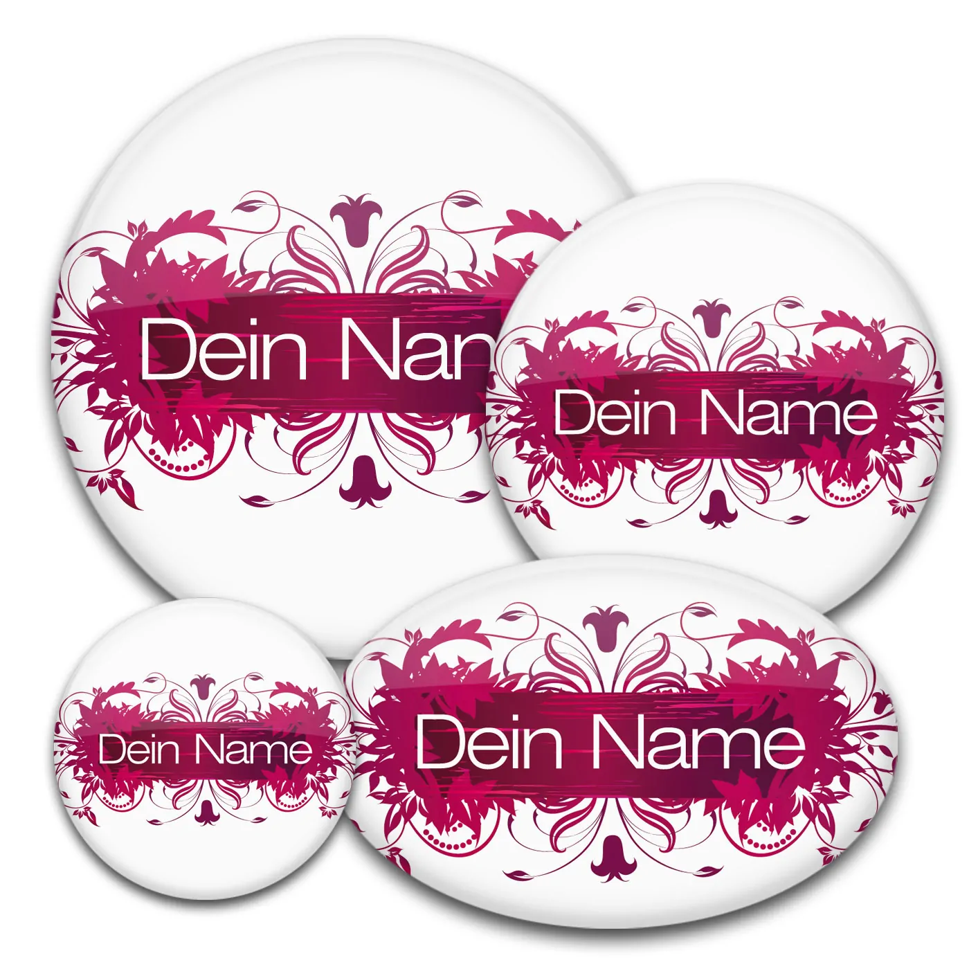floral gestalteter Namensbutton in weinrot-weiß