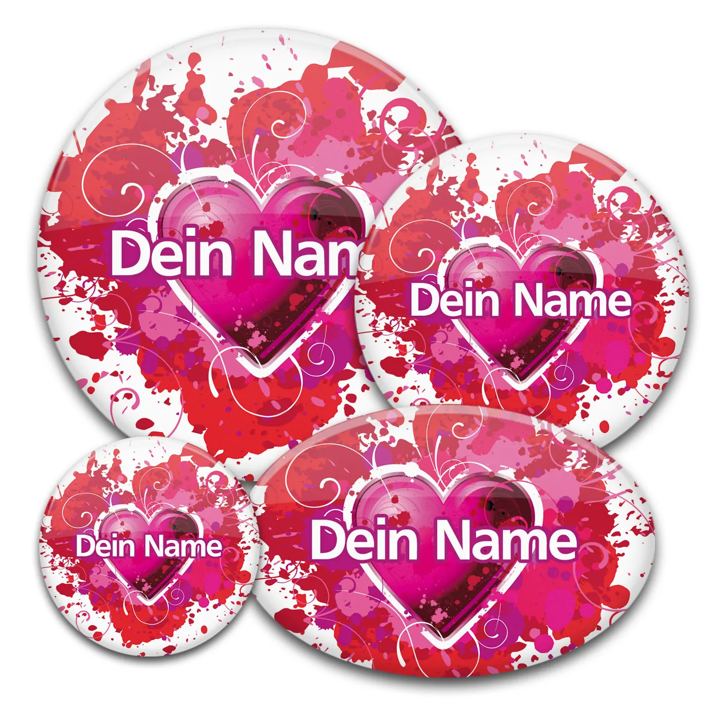 Namensbuttons in rot mit Herz für Flirtparty, Speed-Dating oder Valentinstag