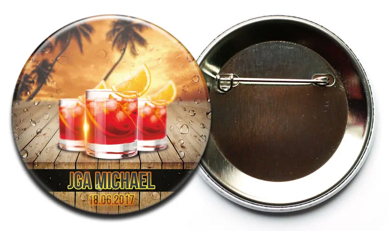Buttons für Junggesellenabschied Cocktails Palmen mit Name individualisiert SIcherheitsnadel
