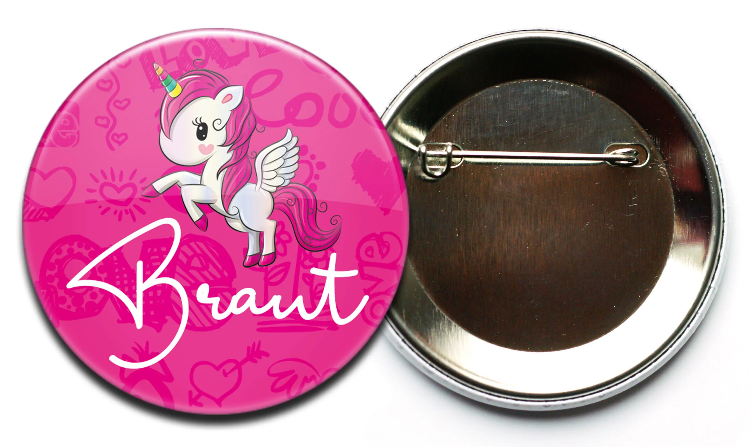 Einhorn-Button zum Junggesellinnenabschied in pink mit Nadel