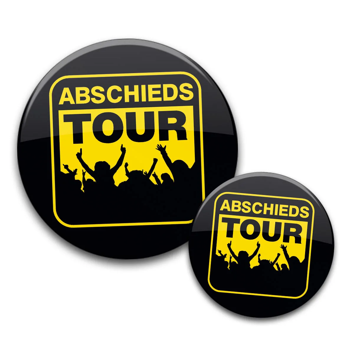 JGA Buttons Abschiedstour gelb schwarz feiernde Leute