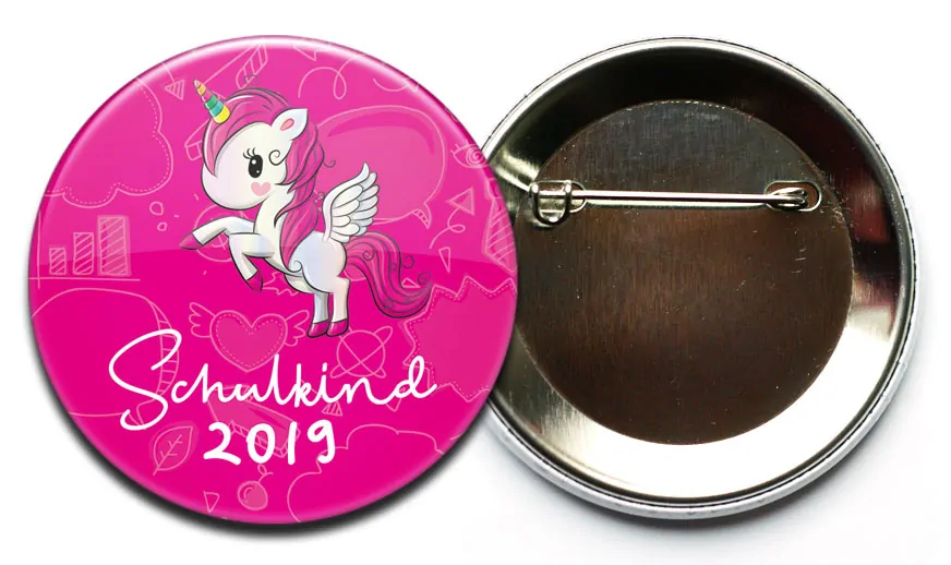 Schulkind 2020 Button Einhorn pinkfarben mit Sicherheitsnadel