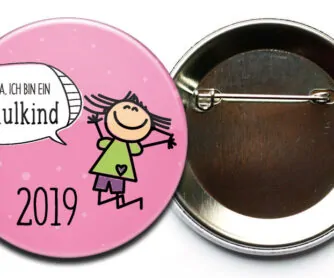 Button Hurra ich bin ein Schulkind 5 Mädchen rosa mit Sicherheitsnadel