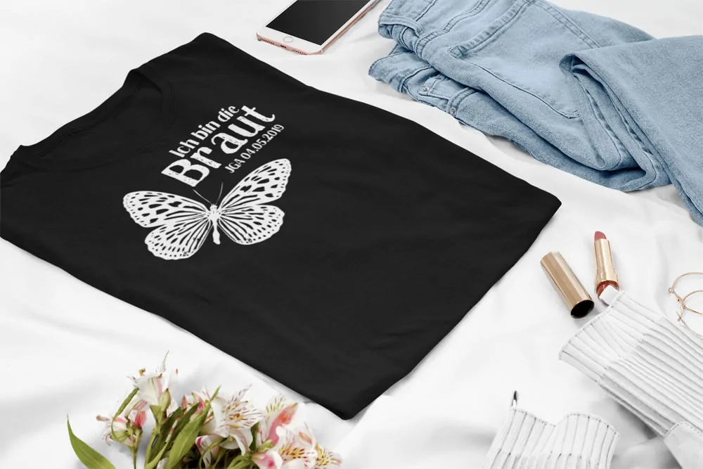 schwarzes JGA Shirt mit Schmetterling für die Braut | individualisiert mit Datum