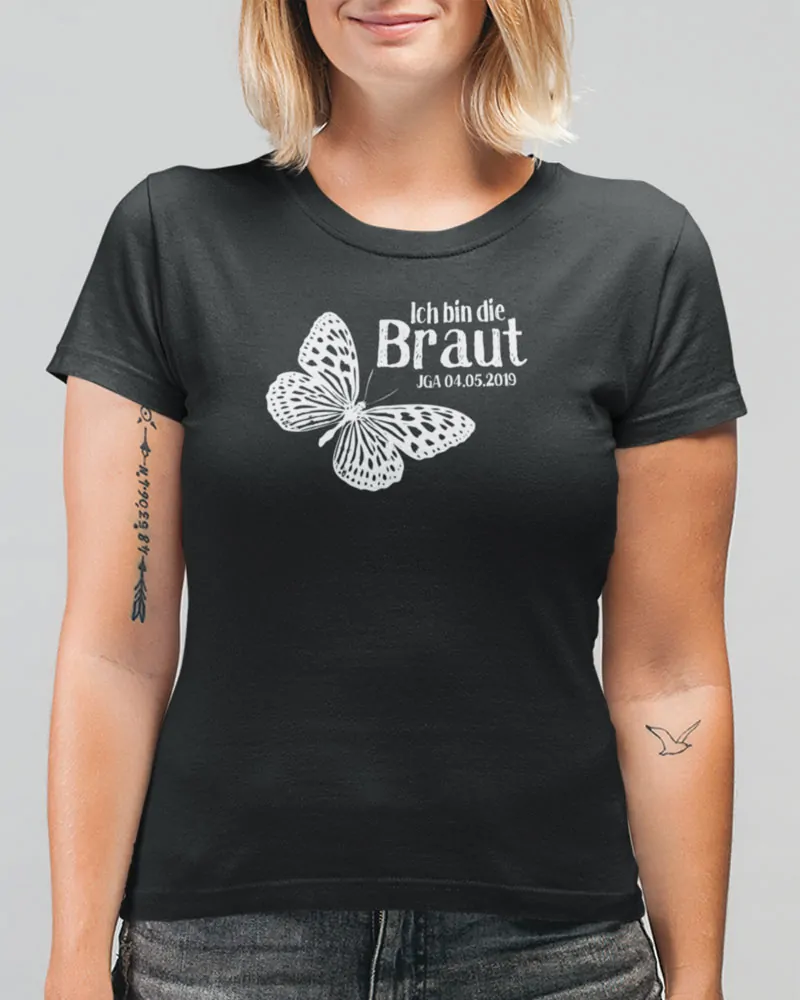 T08 Shirt Junggesellinnenabschied in schwarz mit Schmetterling, mit Datum individualisiert