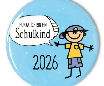 hellblauer Ansteckbutton Ich bin ein Schulkind 2026