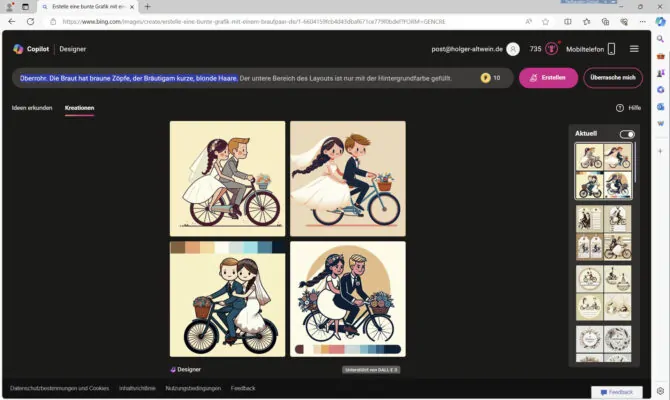 KI-Bilder eines Brautpaares auf einem Fahrrad