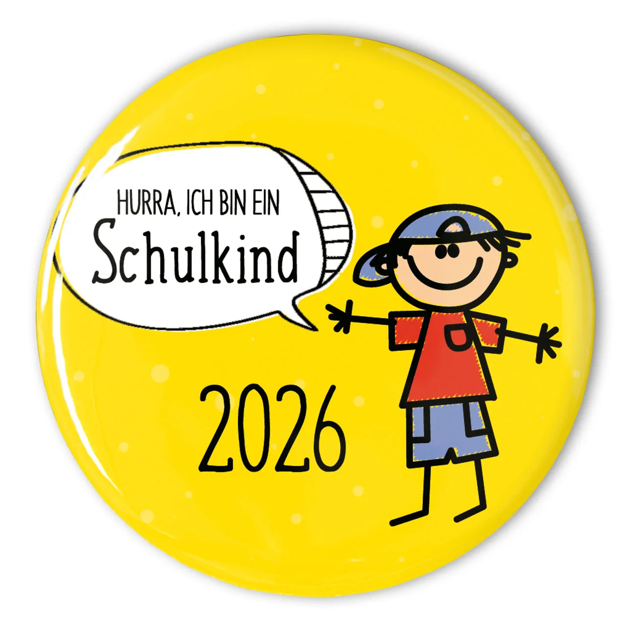 gelber Button für den Schulanfang mit einem Jungen und Sprechblase Hurra, ich bin ein Schulkind