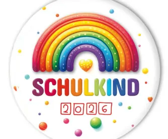 Schulkind-Button mit Regenbogen und Aufdruck "Schulkind" für den Schulanfang